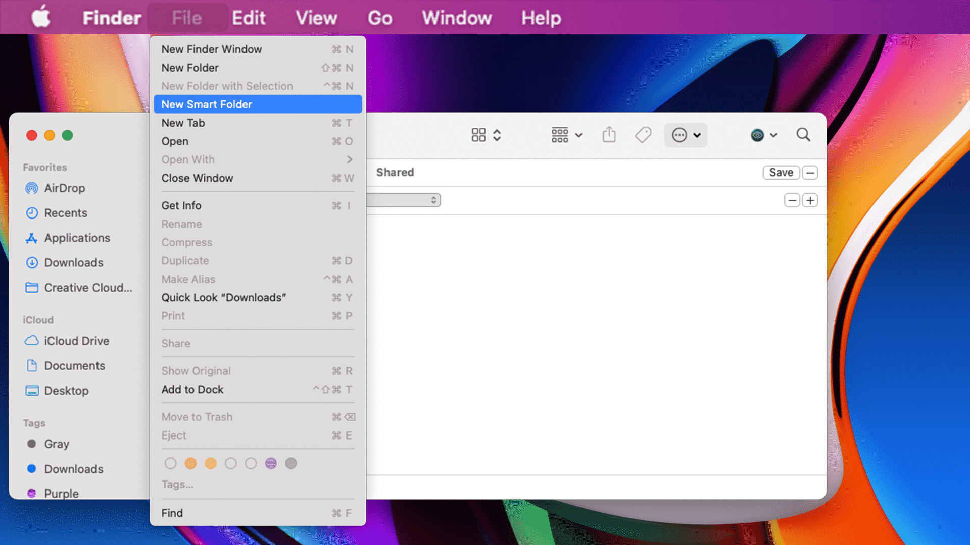 Choosing New Smart Folder command in Finder menu