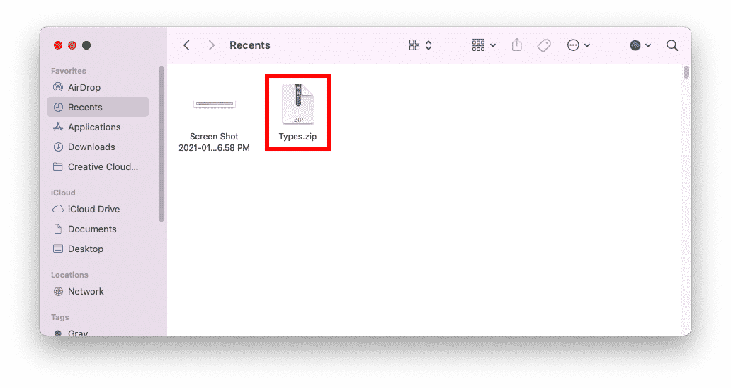 Zip file shown in Recents tab of Finder