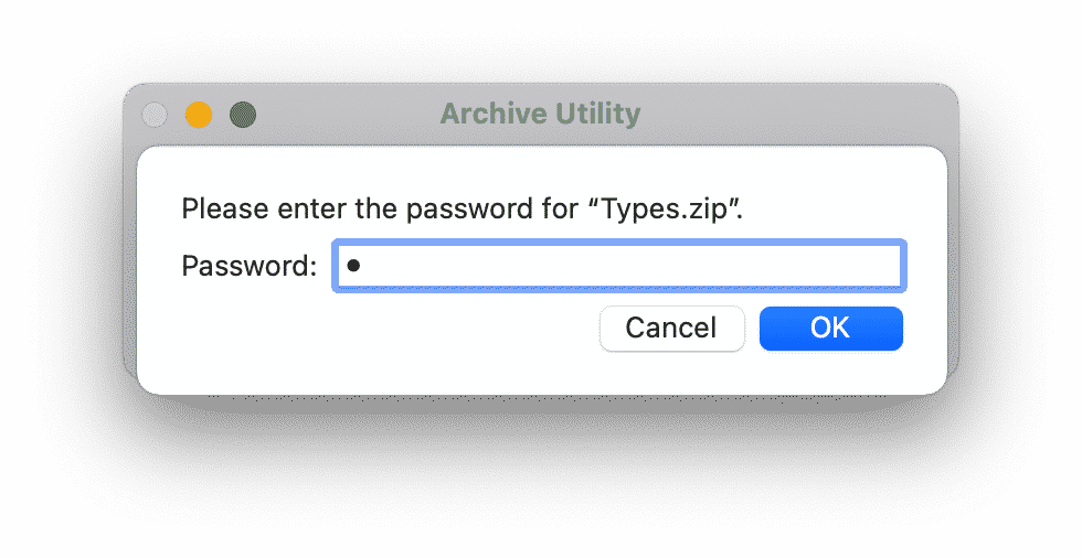 Password entry window to unzip file