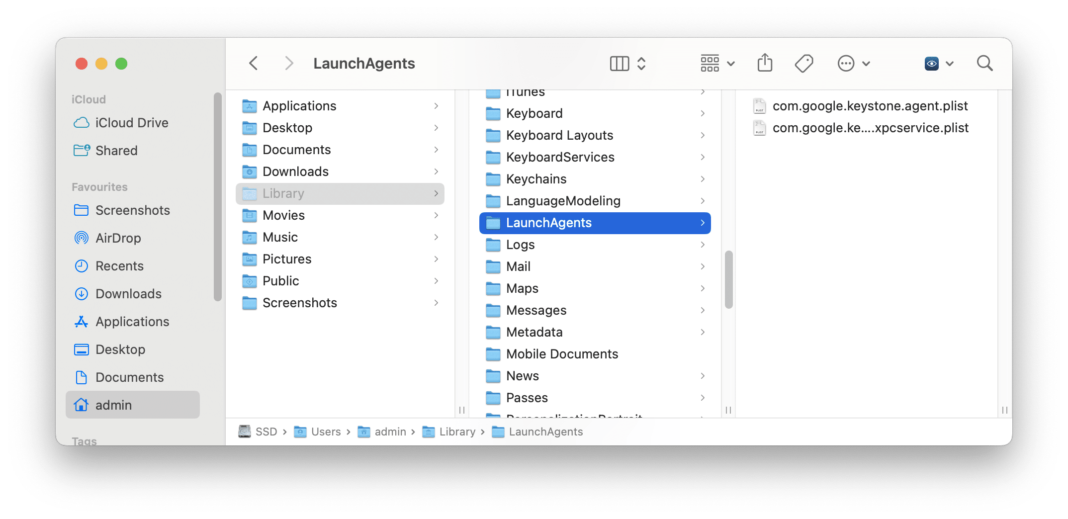 Finder showing LaunchAgents folder