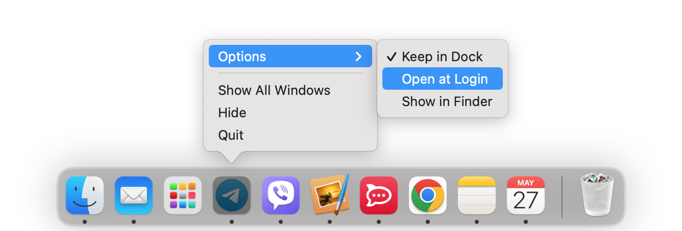 Dock panel showing how to open app at Mac login