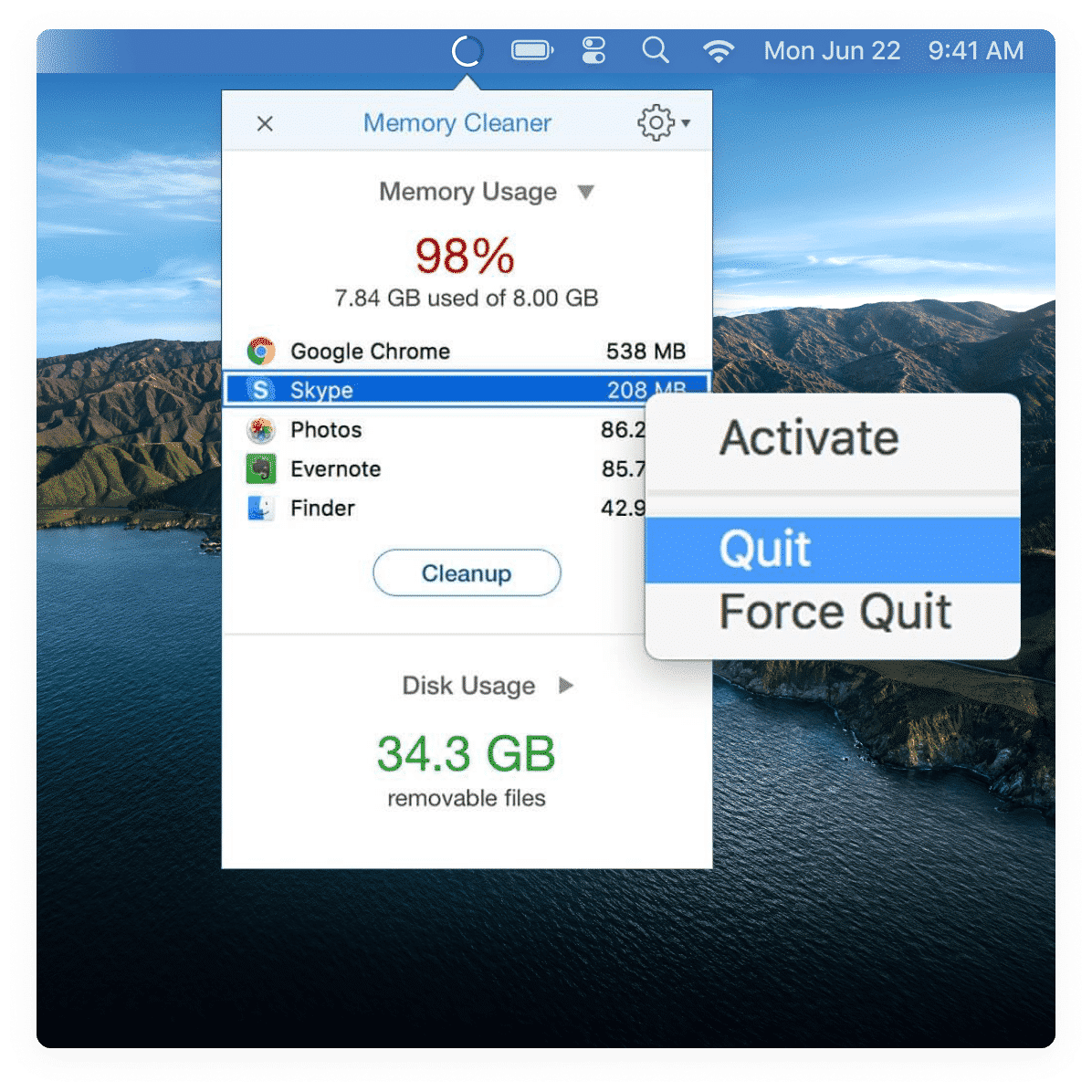 Memory Cleaner option to force quit apps