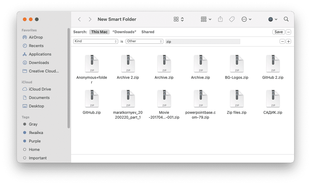 Creating smart folder for zip files