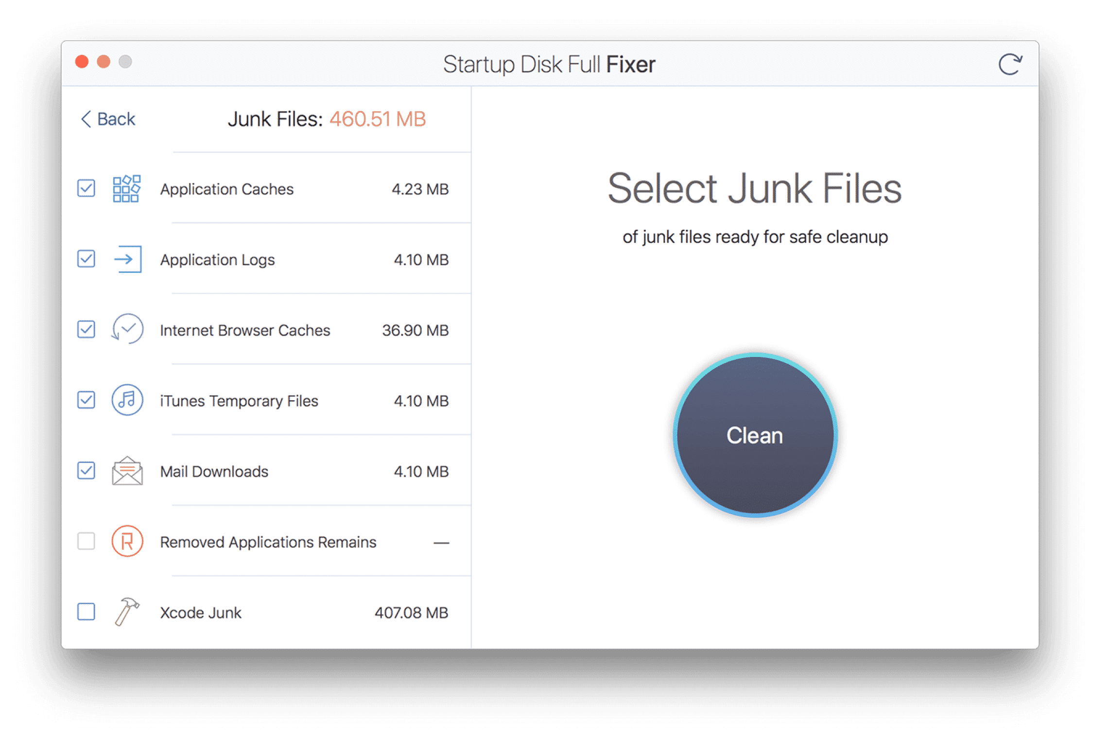 Startup Disk Full Fixer showing the Junk Files section