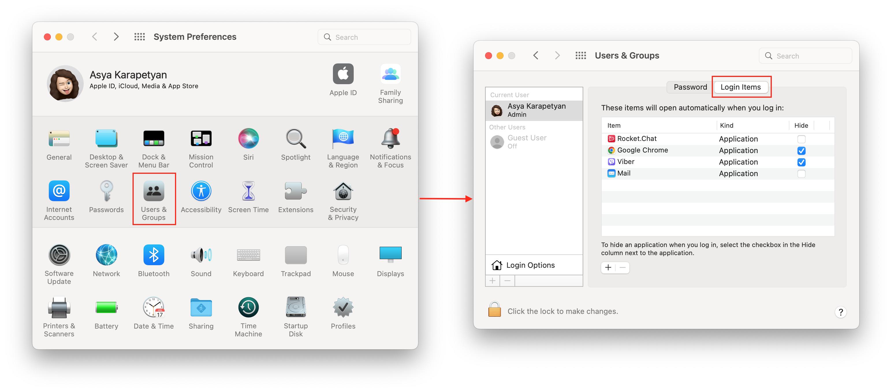 Login items tab in User & Groups section of System preferences