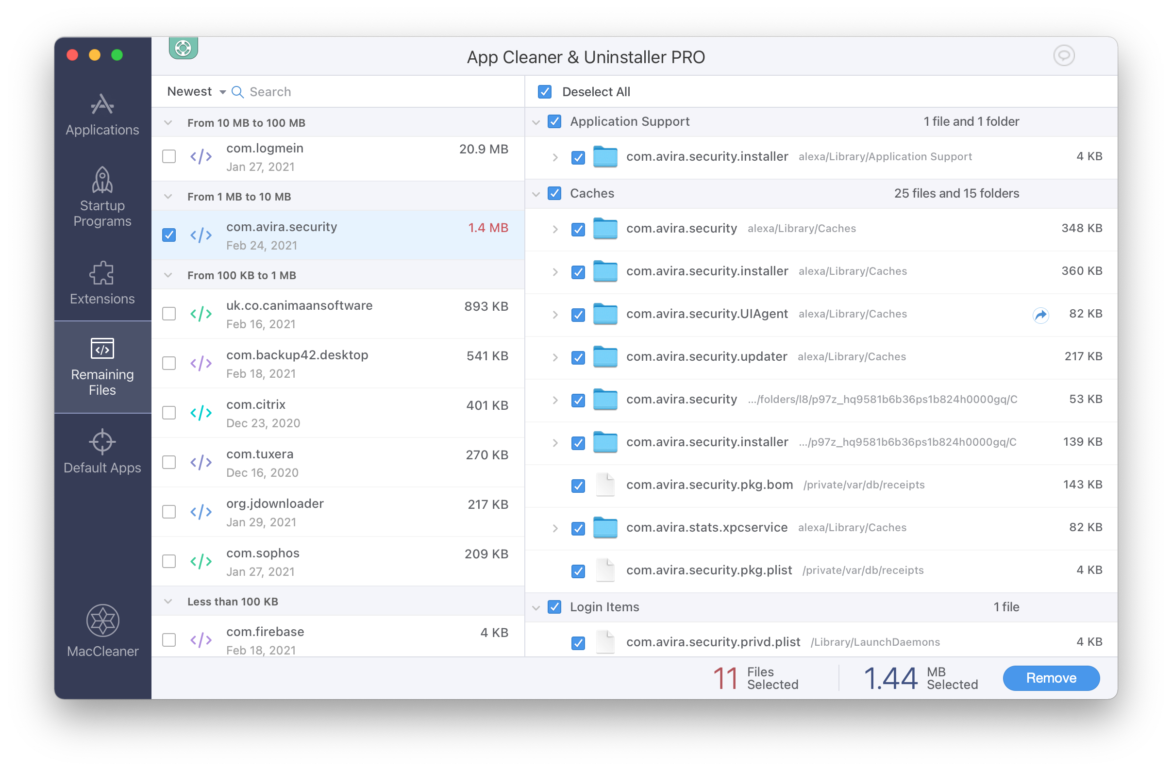 App Cleaner & Uninstaller showing Avira remaining files