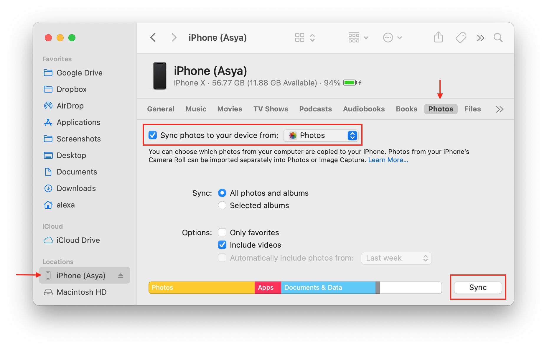 FInder showing iPhone options for synchronization
