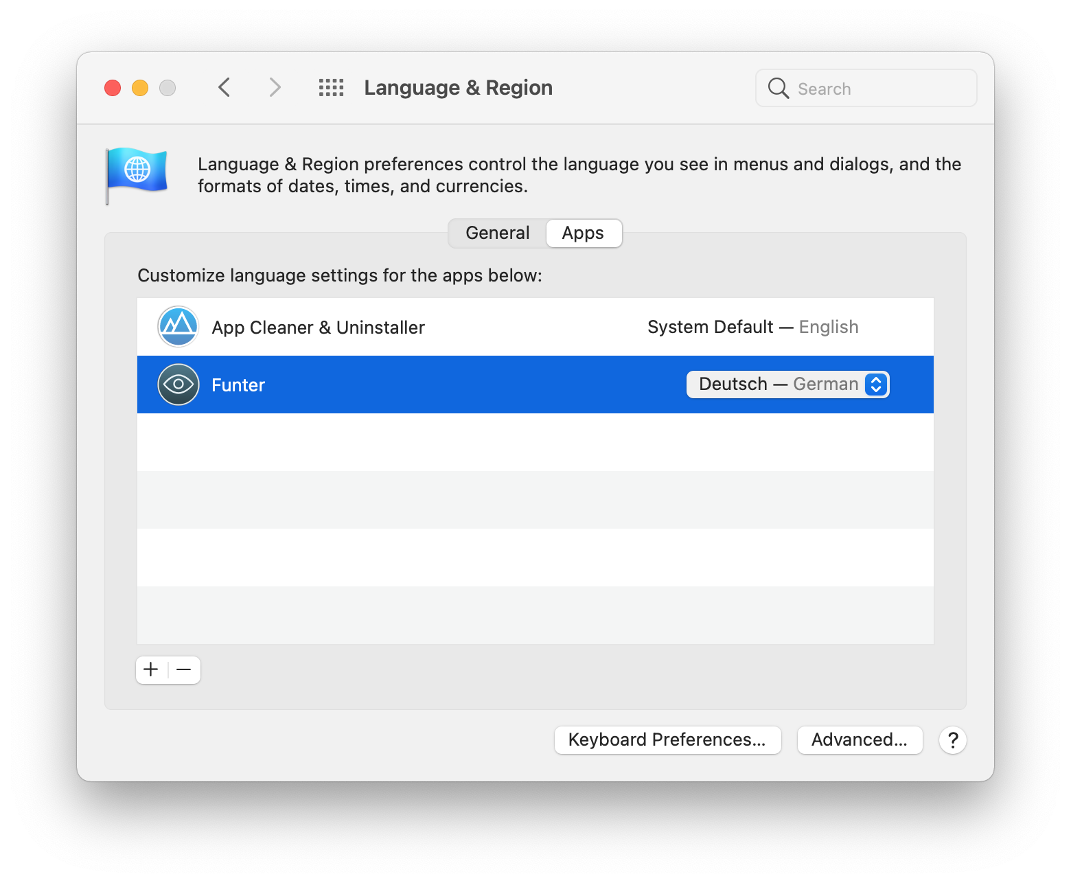 changing language for Funter in System Preferences