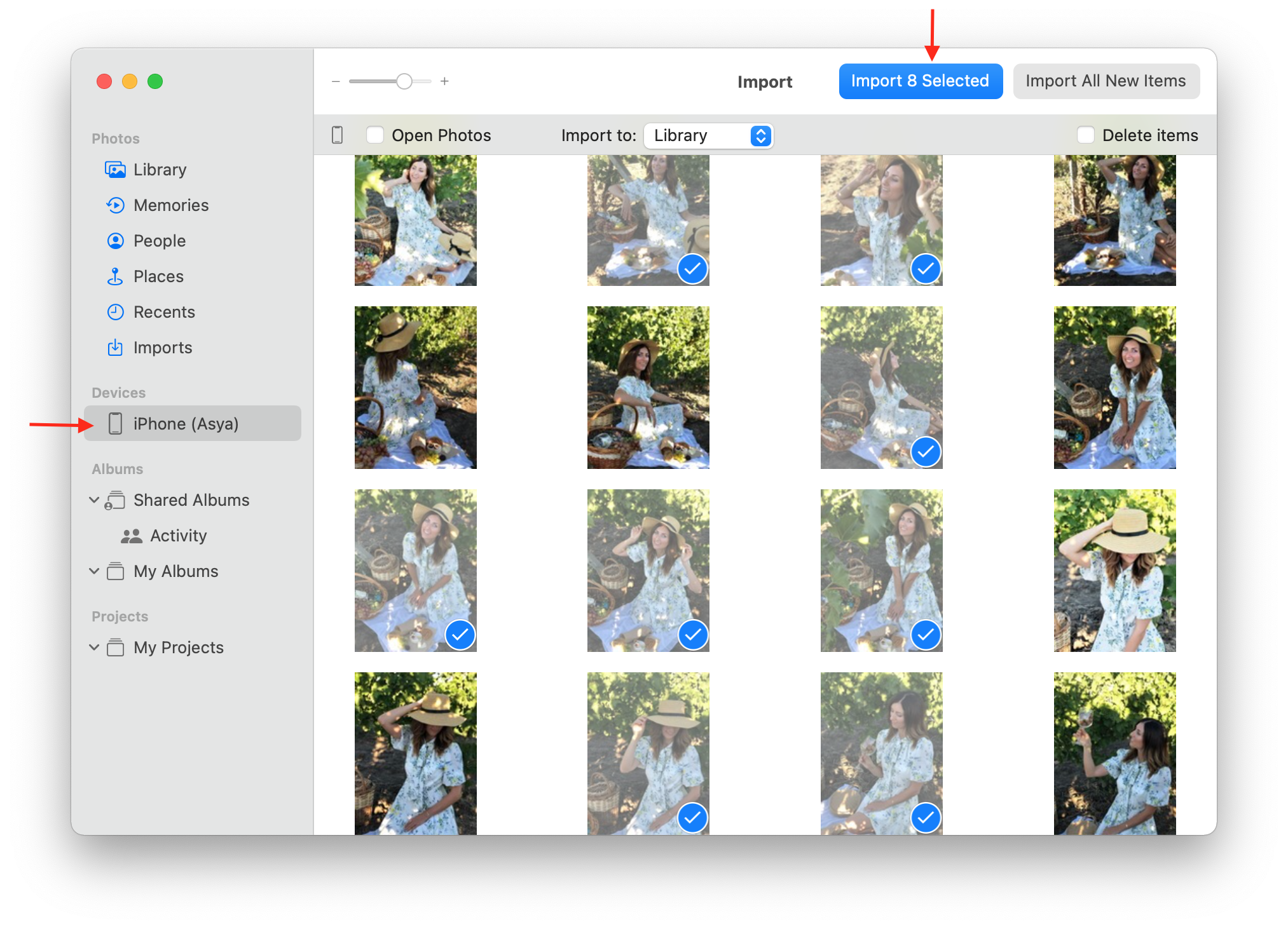 Photos app showing selected photos for transferring
