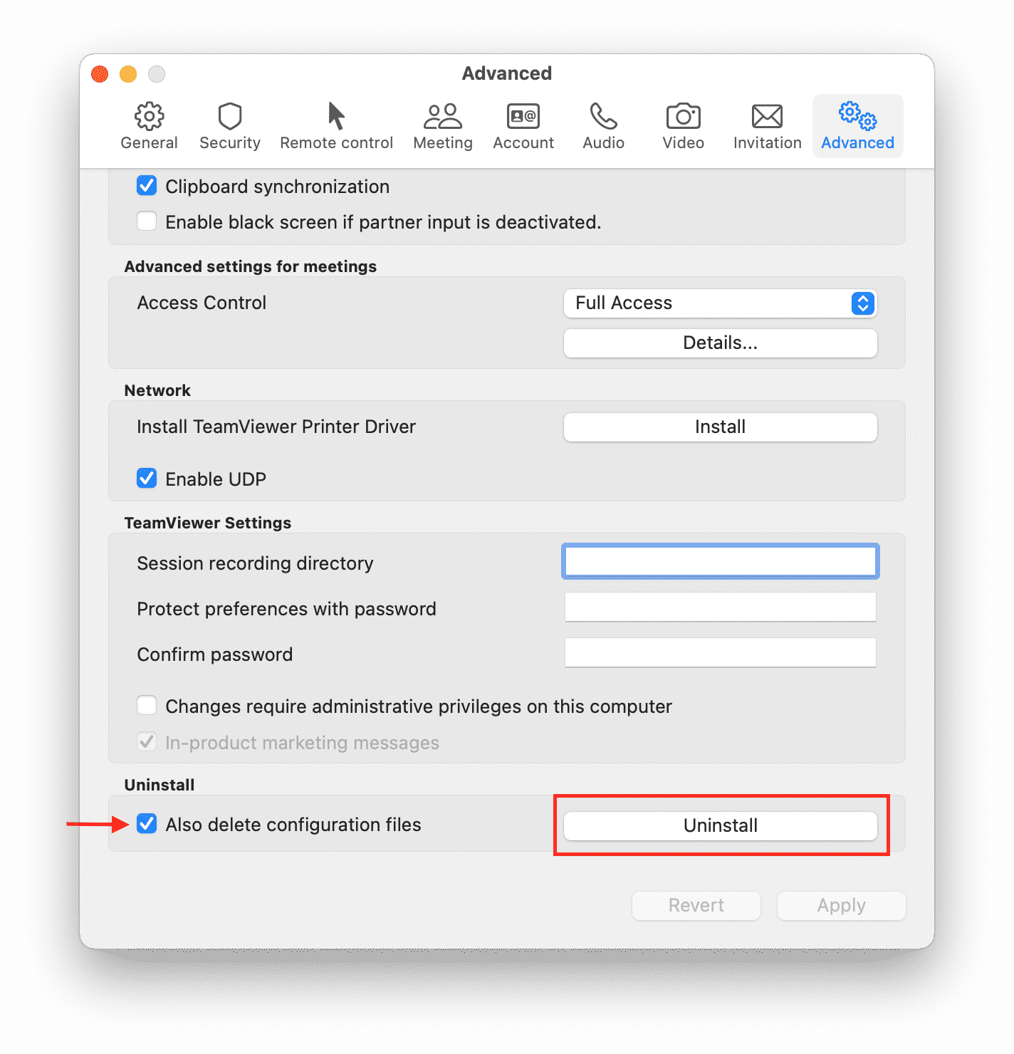 TeamViewer Preferences window showing the Advanced tab and Uninstall option