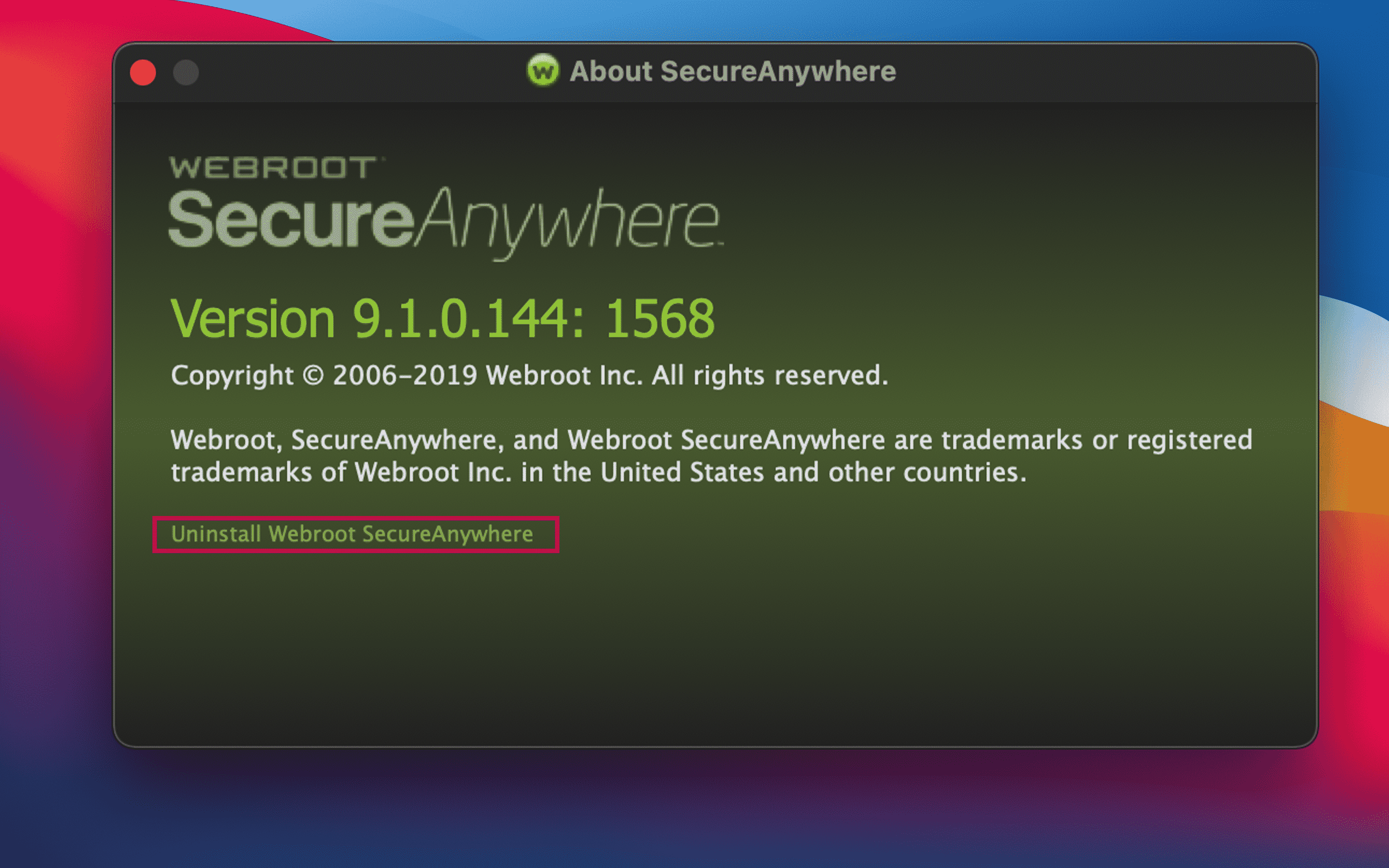 Uninstall Webroot SecureAnywhere command highlighted in About window