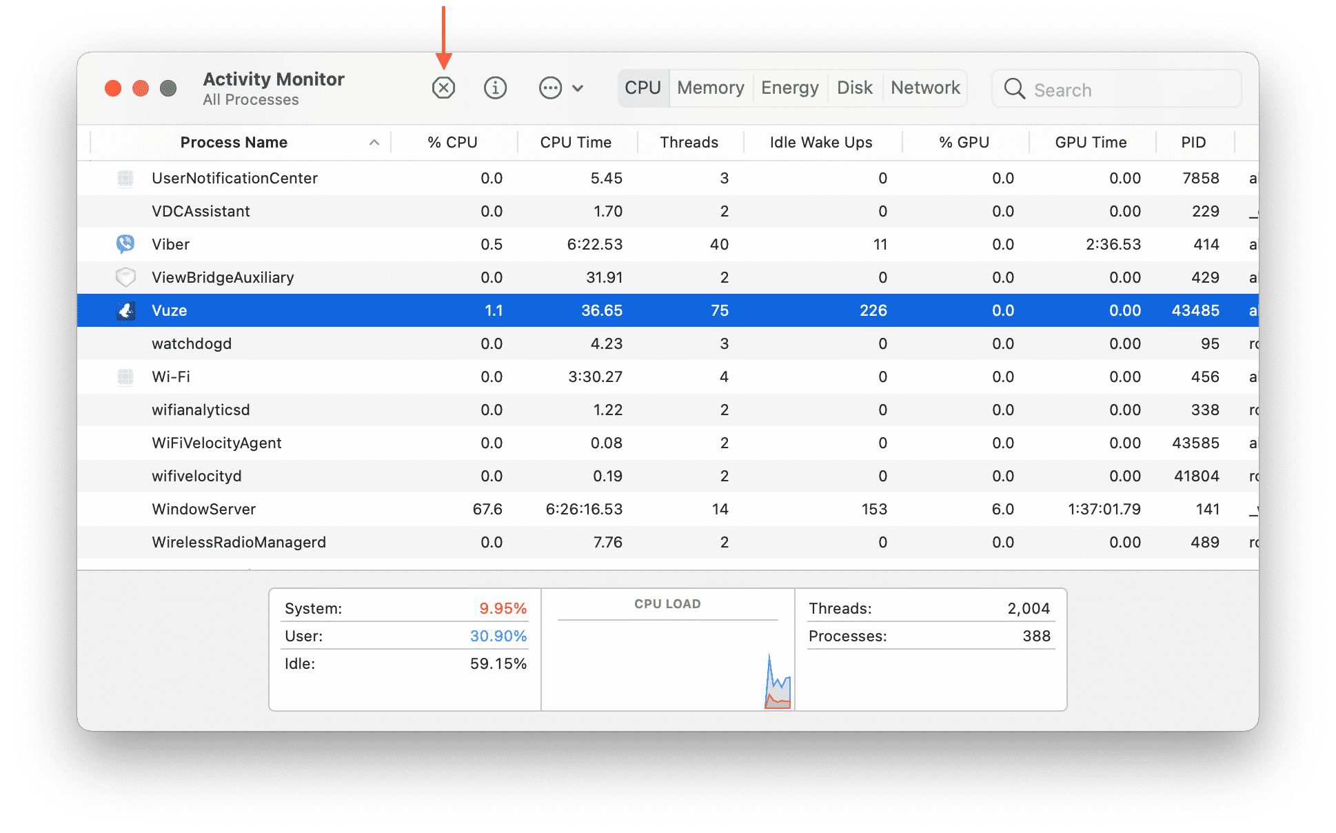 CPU tab in Activity Monitor window