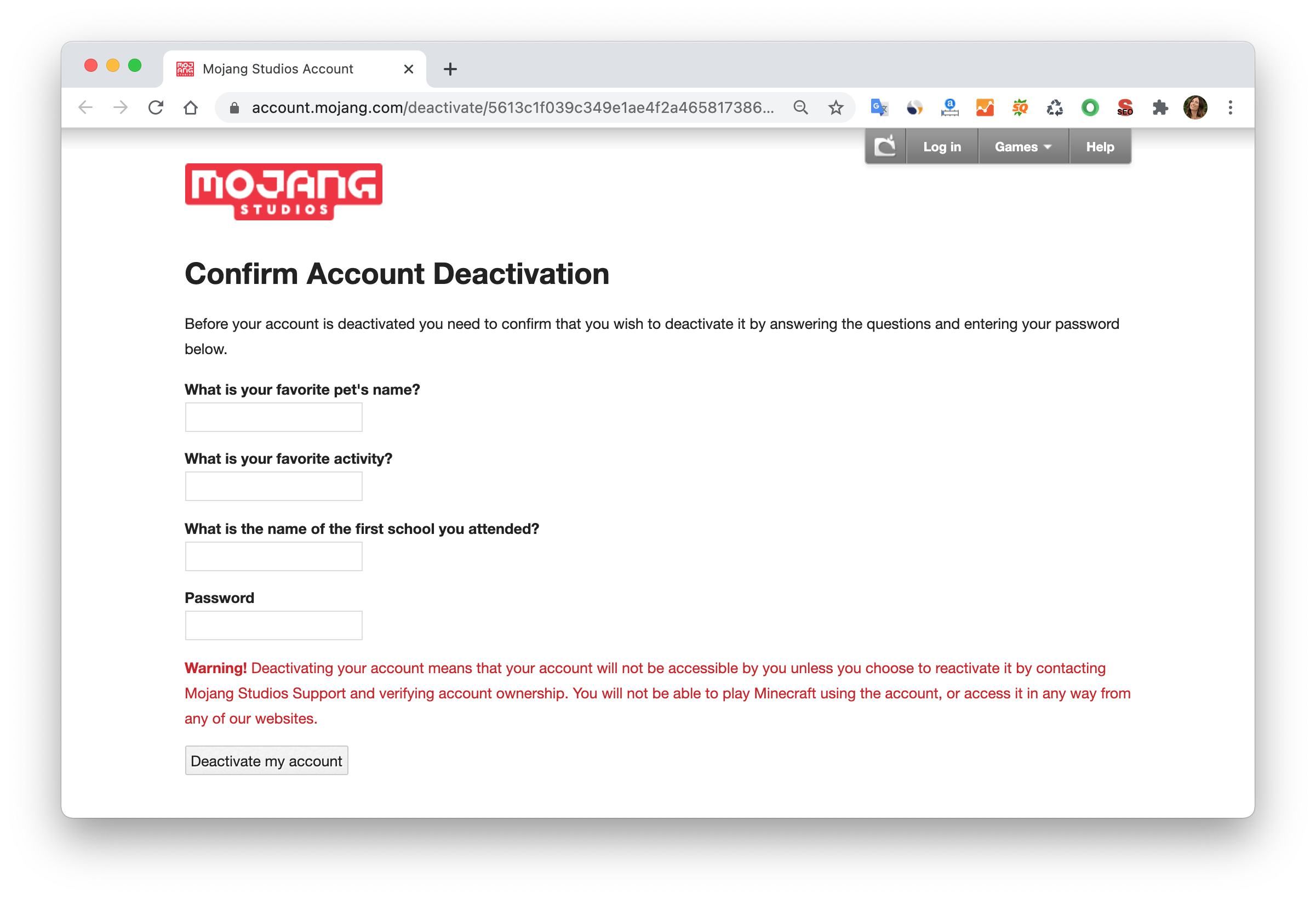 Minecraft account deactivation window