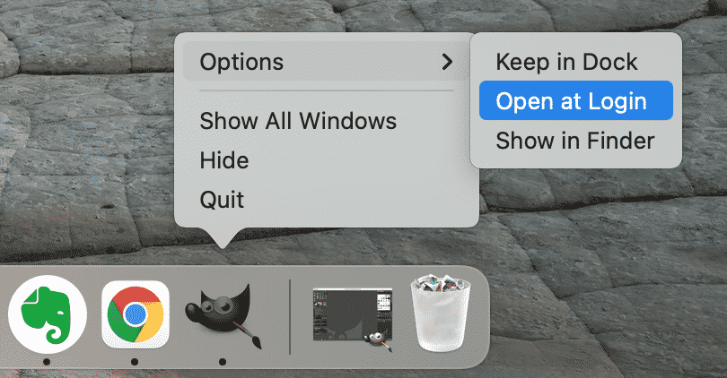 GIMP in Dock panel showing an option to open at Login