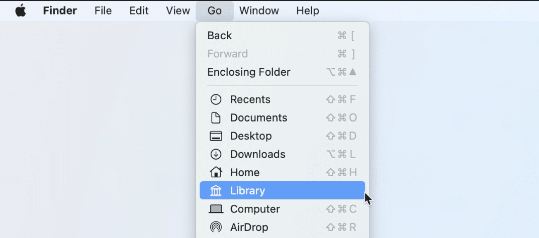 Finder menu showing Library