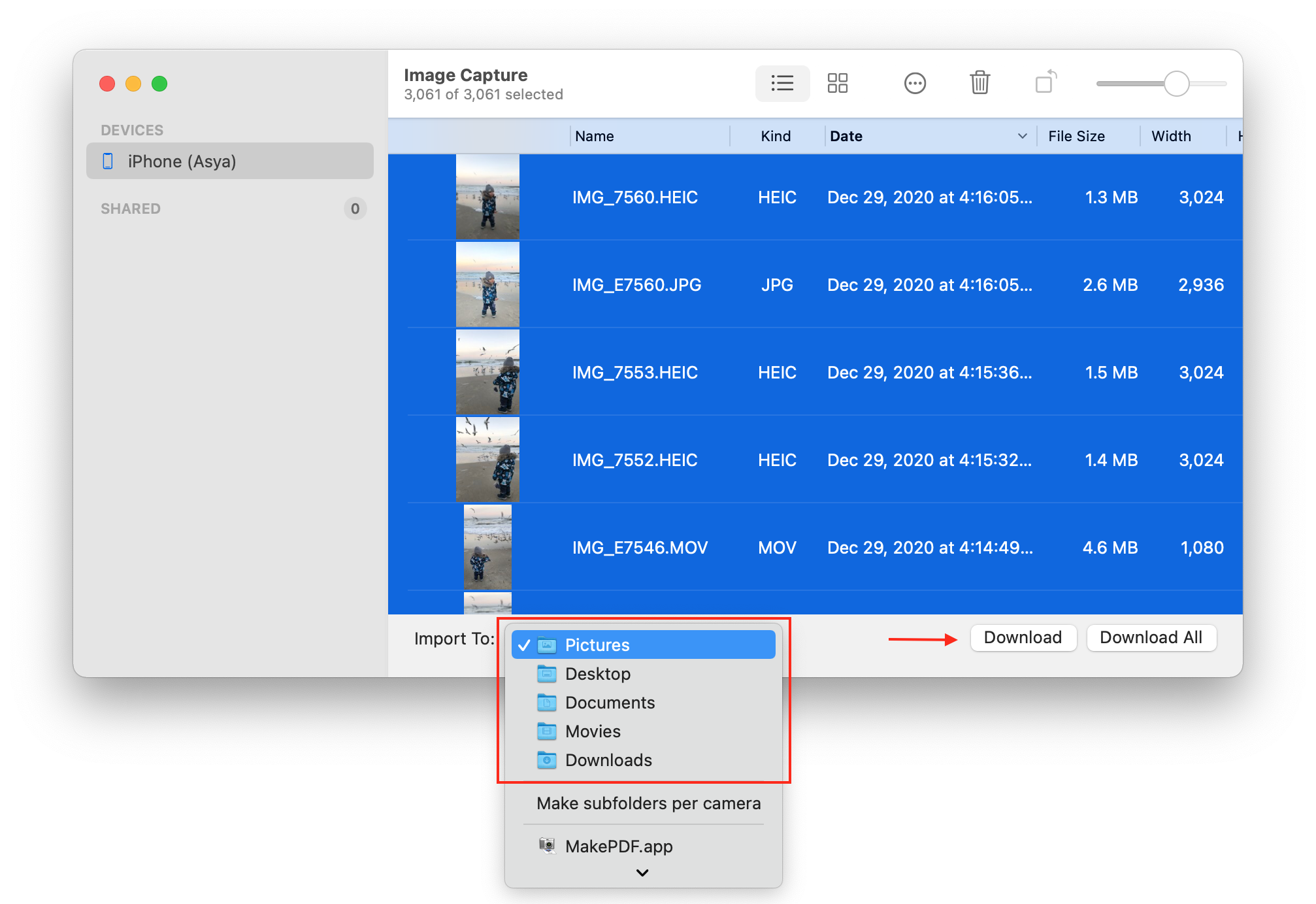 Image Capture window showing photos to transfer to Mac