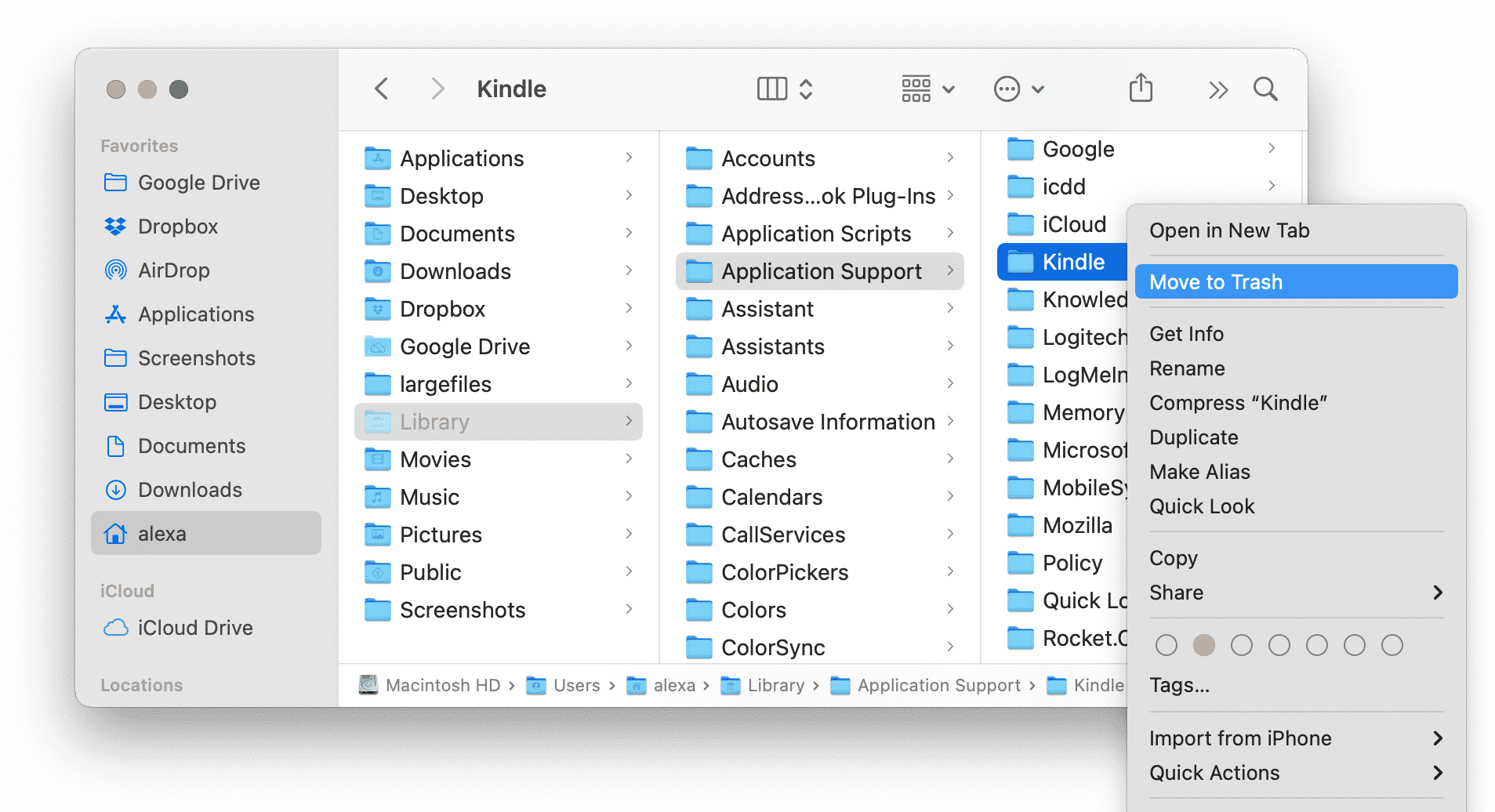 Finder window showing Kindle support files