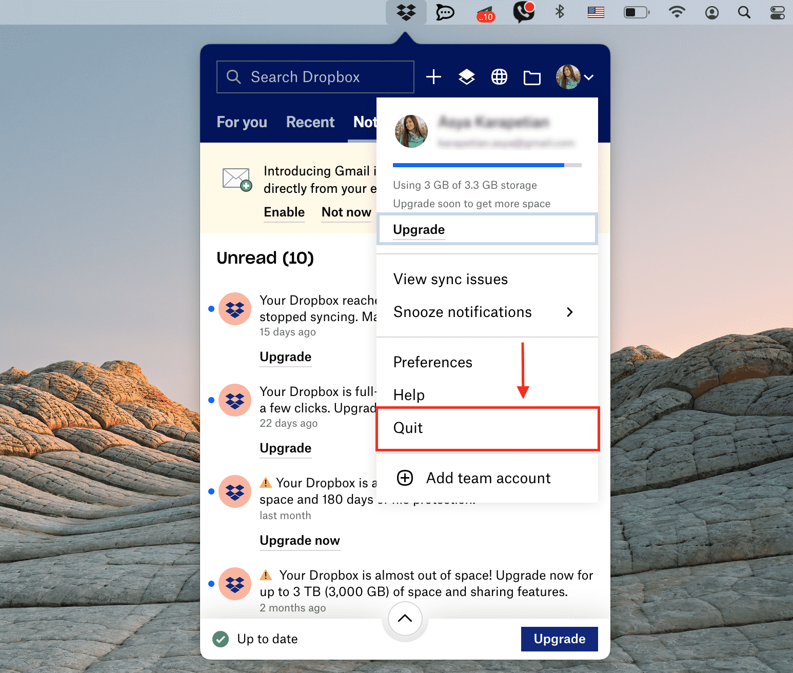 dropbox menu with Quit command highlighted