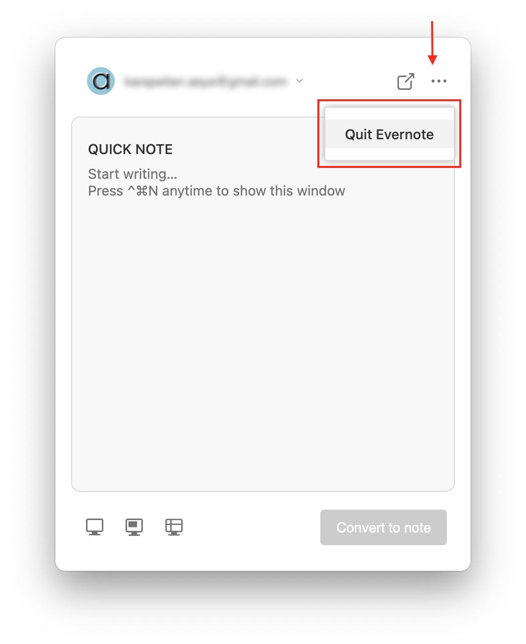 Evernote window showing the Quit option