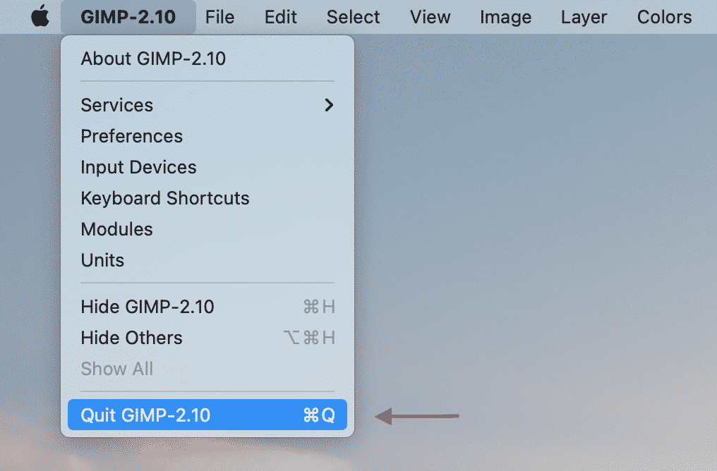 GIMP Menu showing the Quit option
