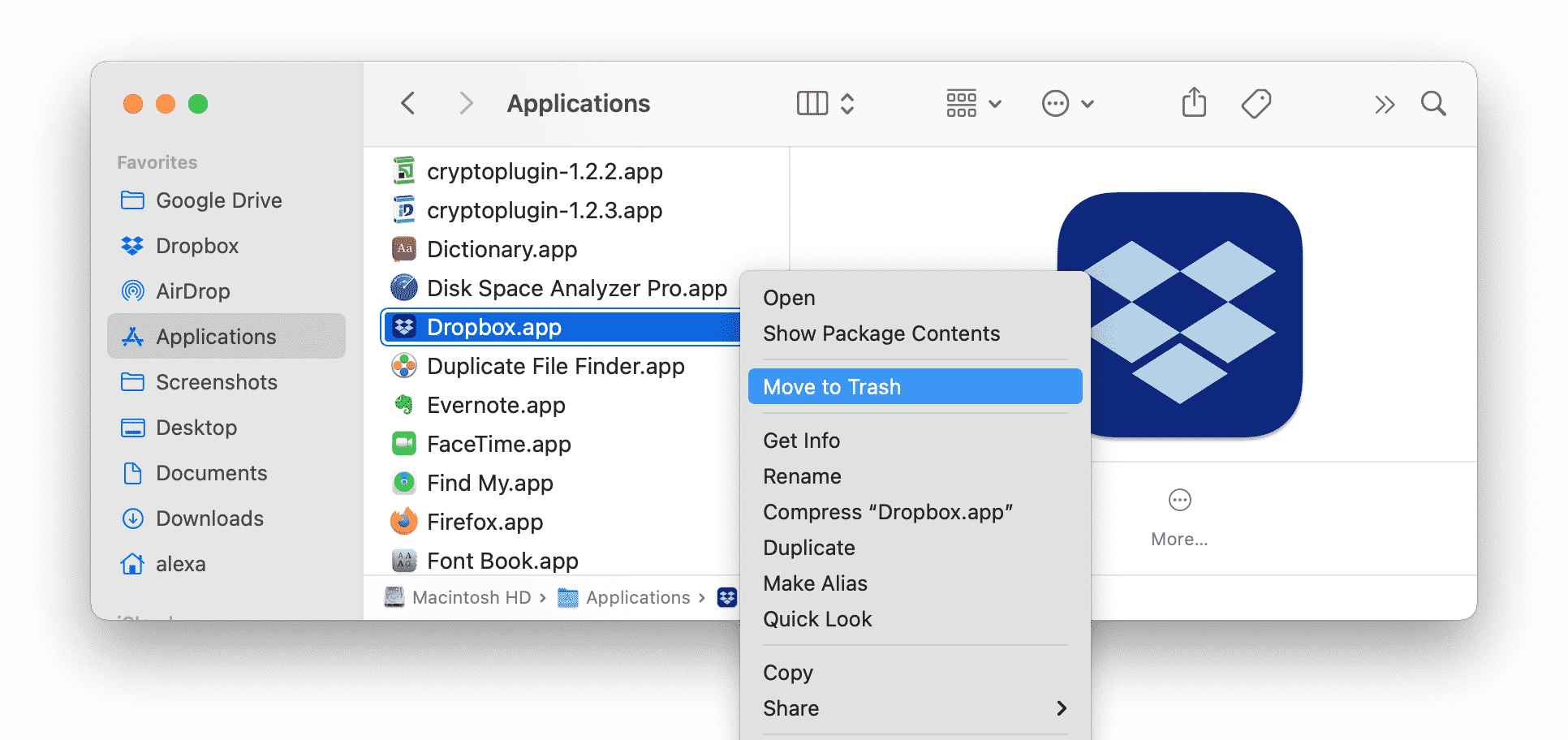 Папка приложений, показывающая приложение Dropbox Desktop