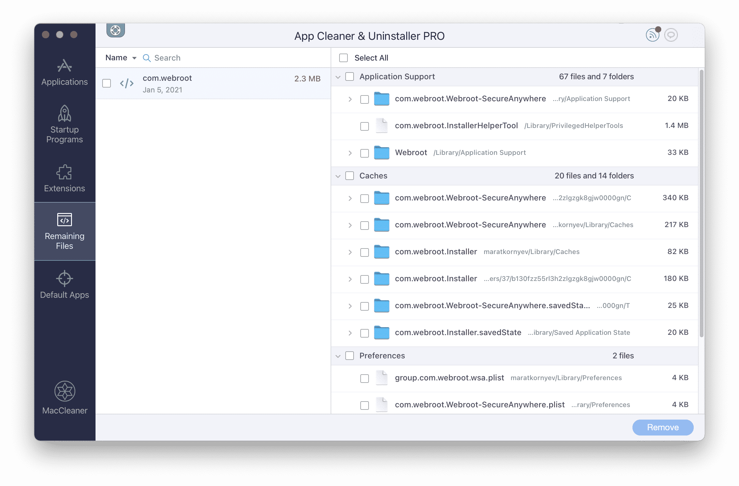 App Cleaner & Uninstaller showing Webroot remaining files