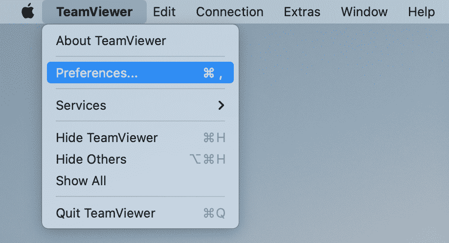 TeamViewer menu showing the selected Preferences option