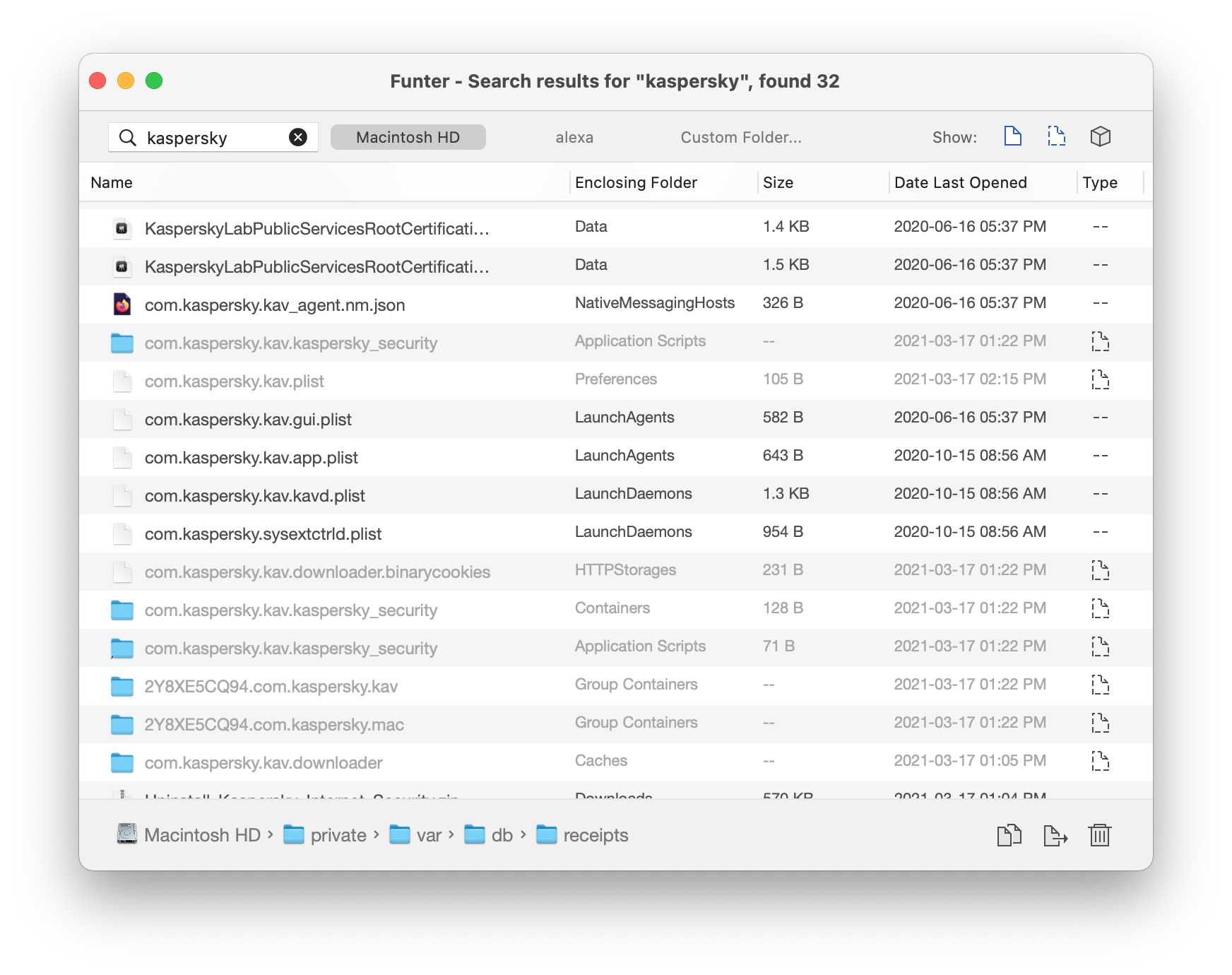 Funter app showing Kaspersky service files