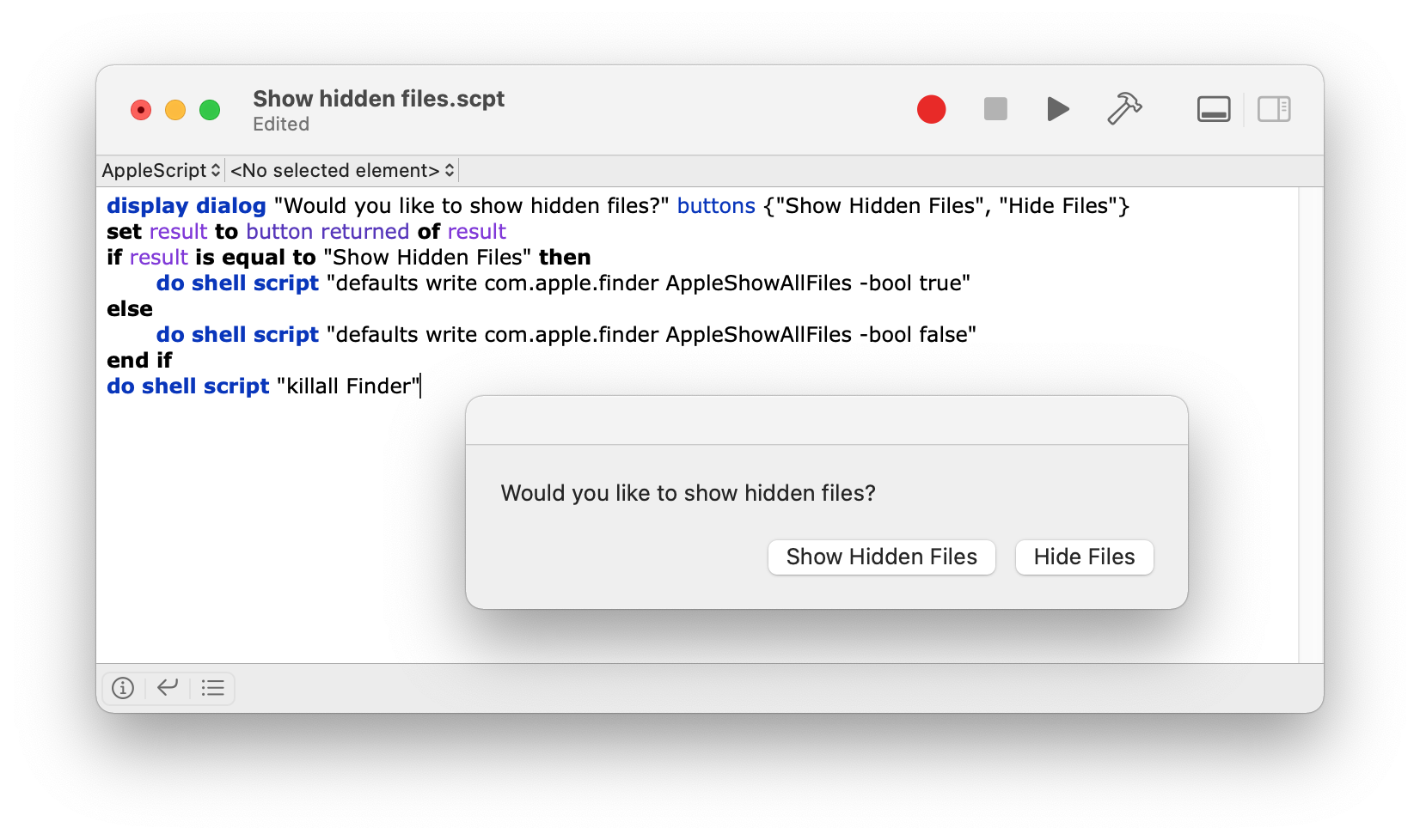 Apple Script window - show hidden files script
