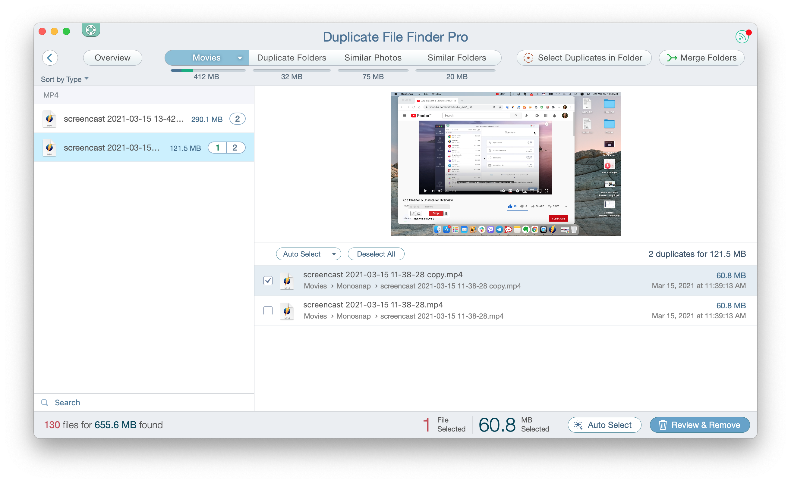 Duplicate File Finder app showing duplicate videos