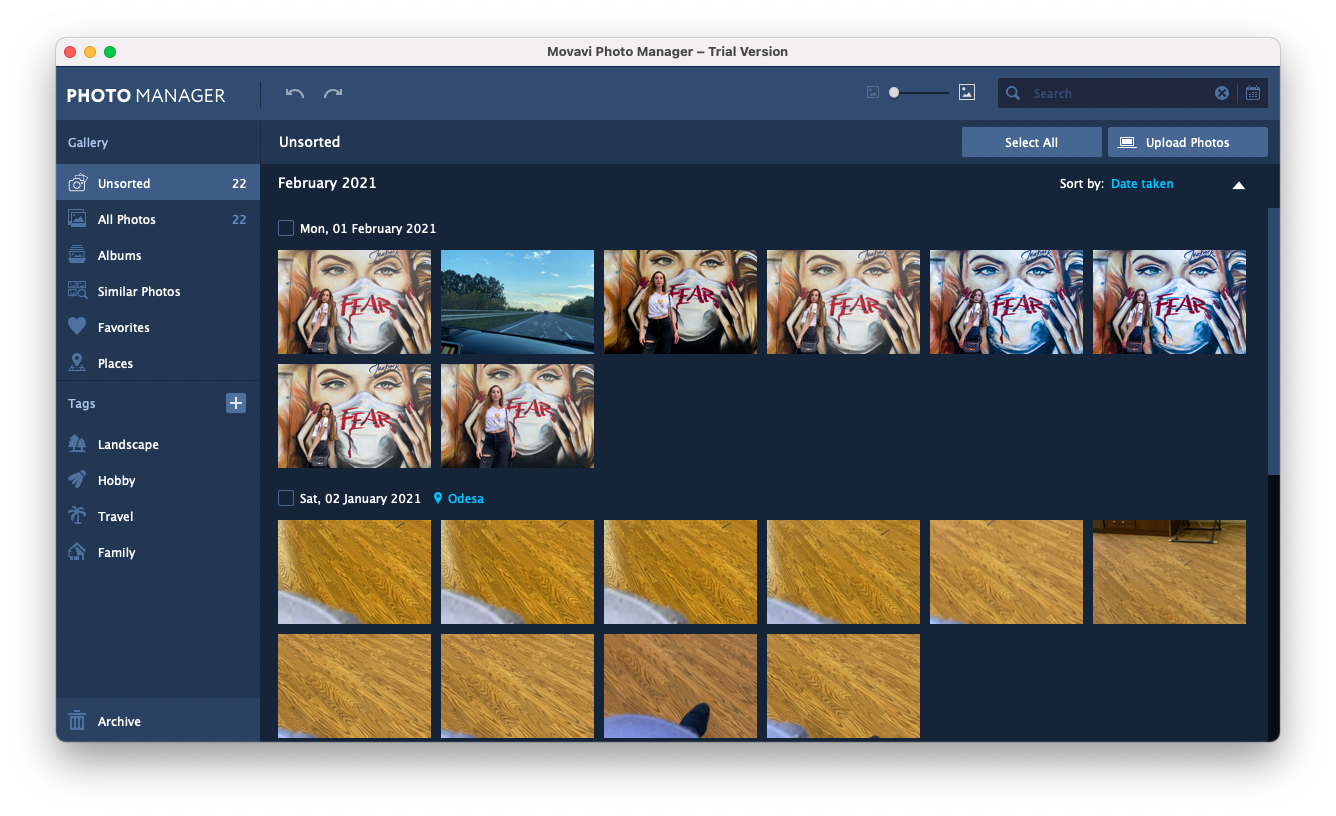 Unsorted photos and welcome screen of Movavi Photo Manager 1