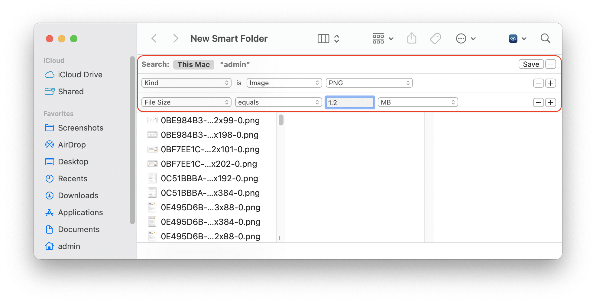 Smart Folder showing files with the same size