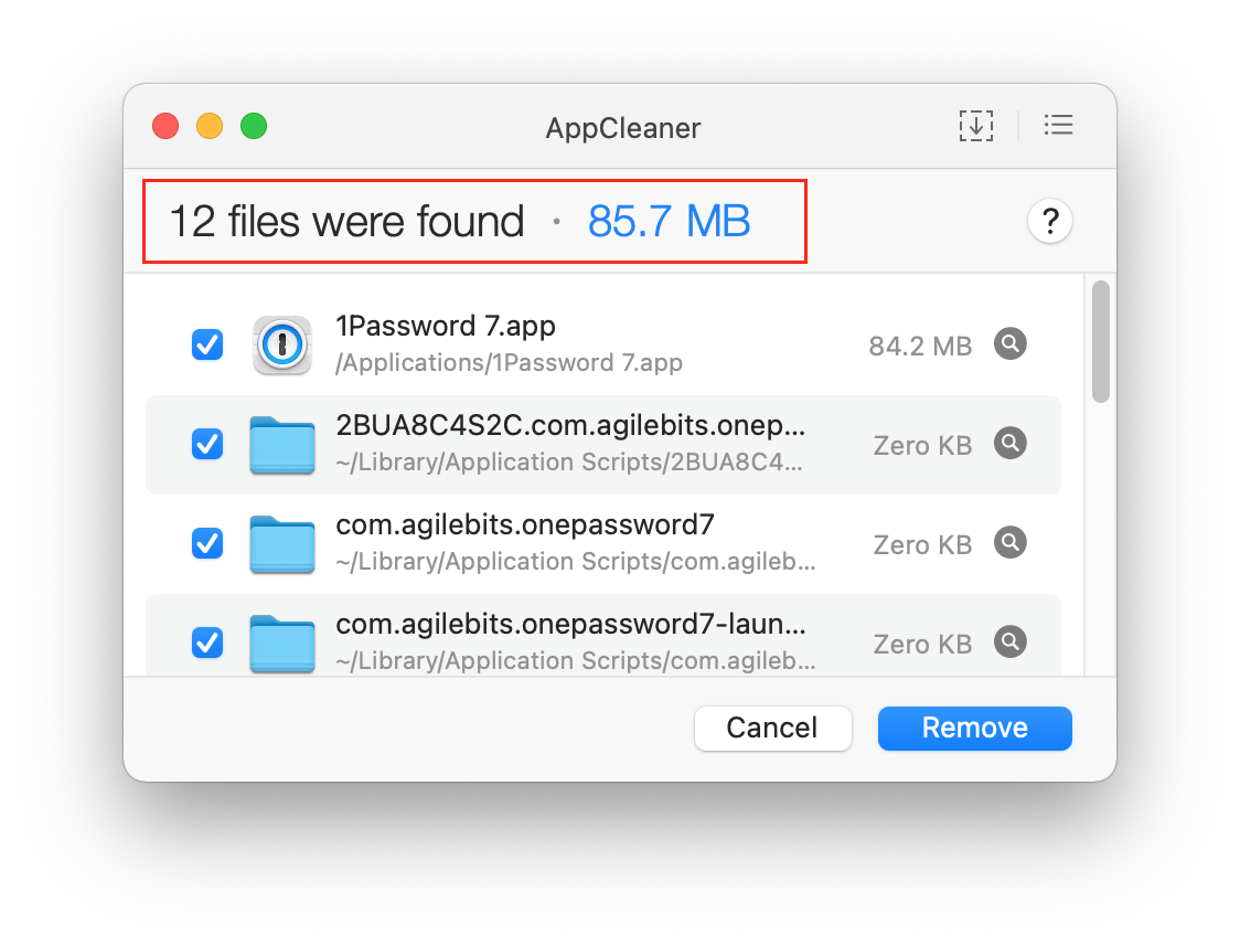 AppCleaner window showing 1Password files