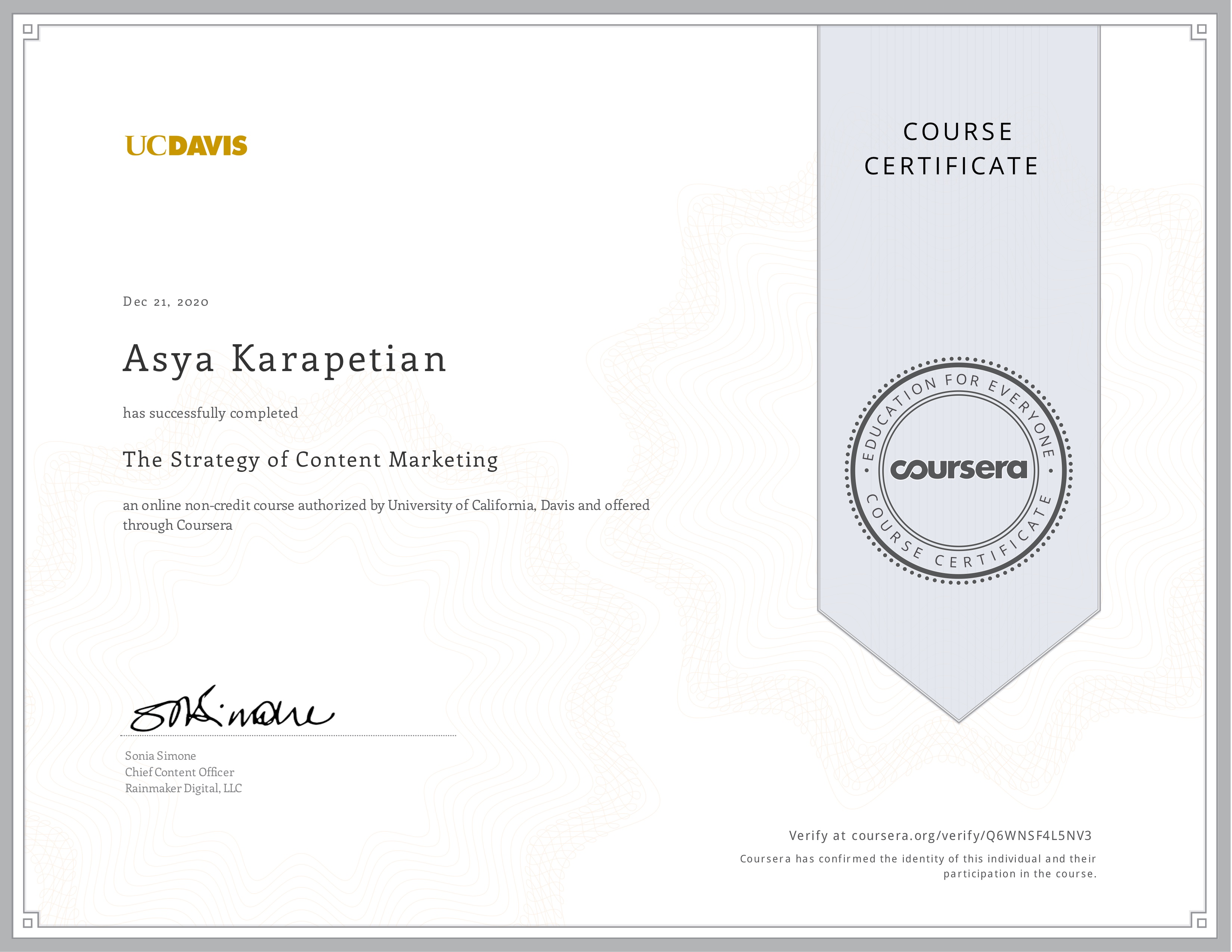 Asya Karapetyan certificate of content marketing