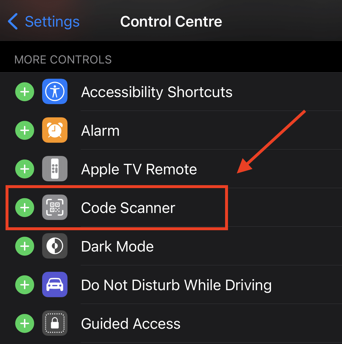 Code Scanner option in Control Center settings on iPhone