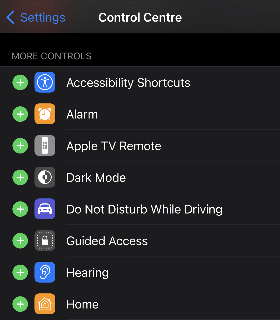 Control Center settings on iPhone