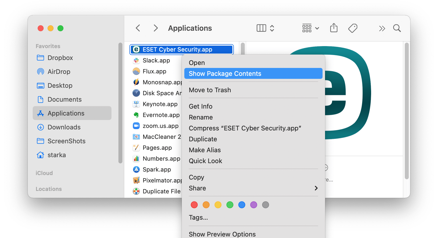 Eset in the Applications folder with the context menu