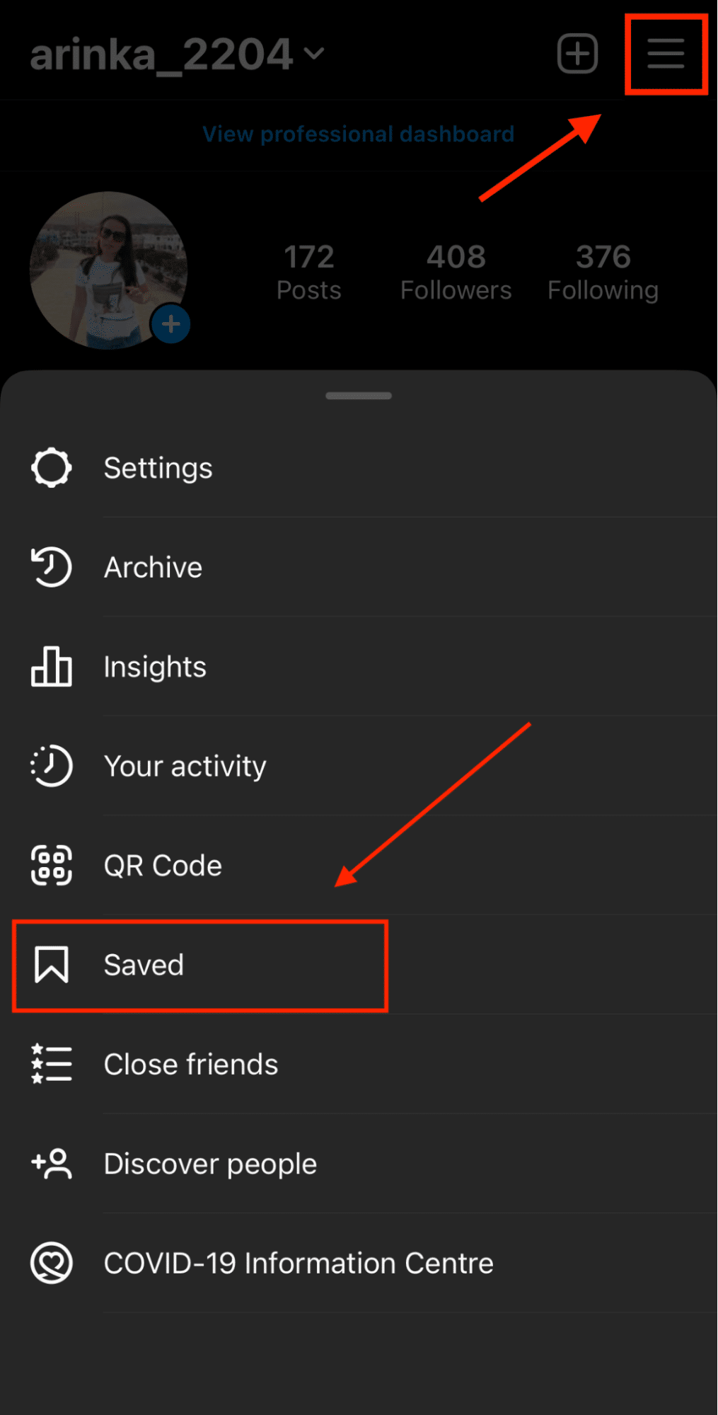 Instagram app with Saved option highlighted
