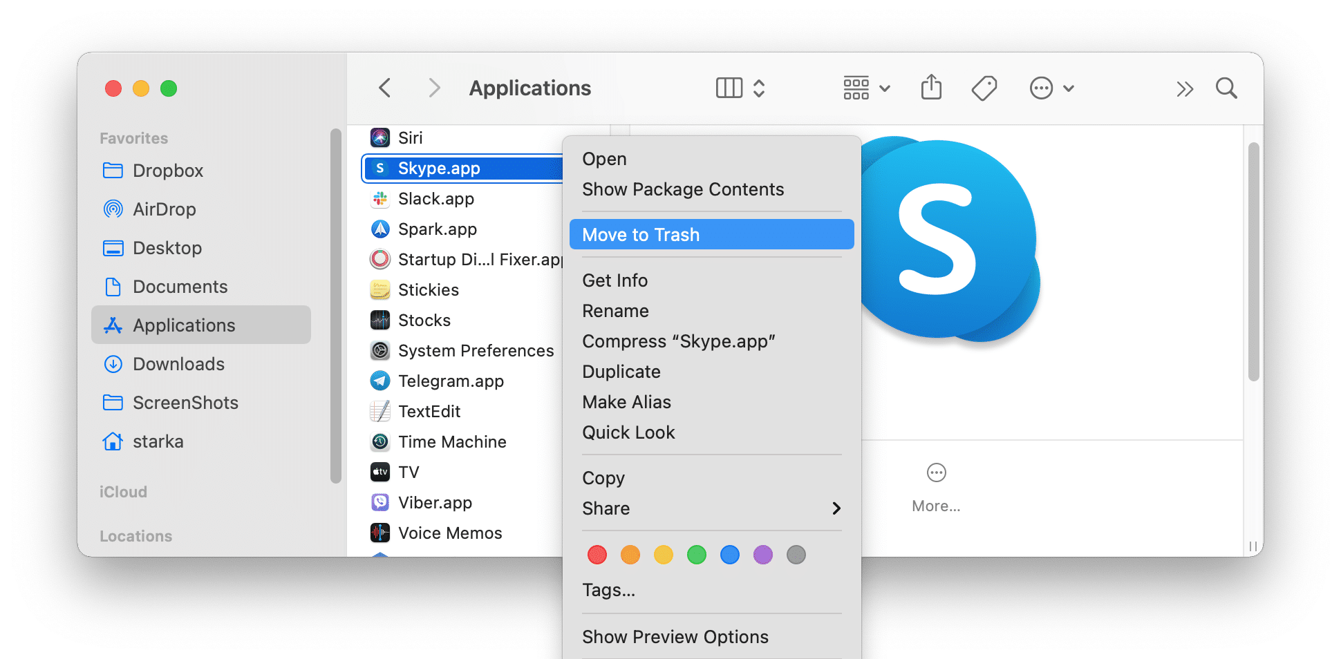 Applications folder showing Skype