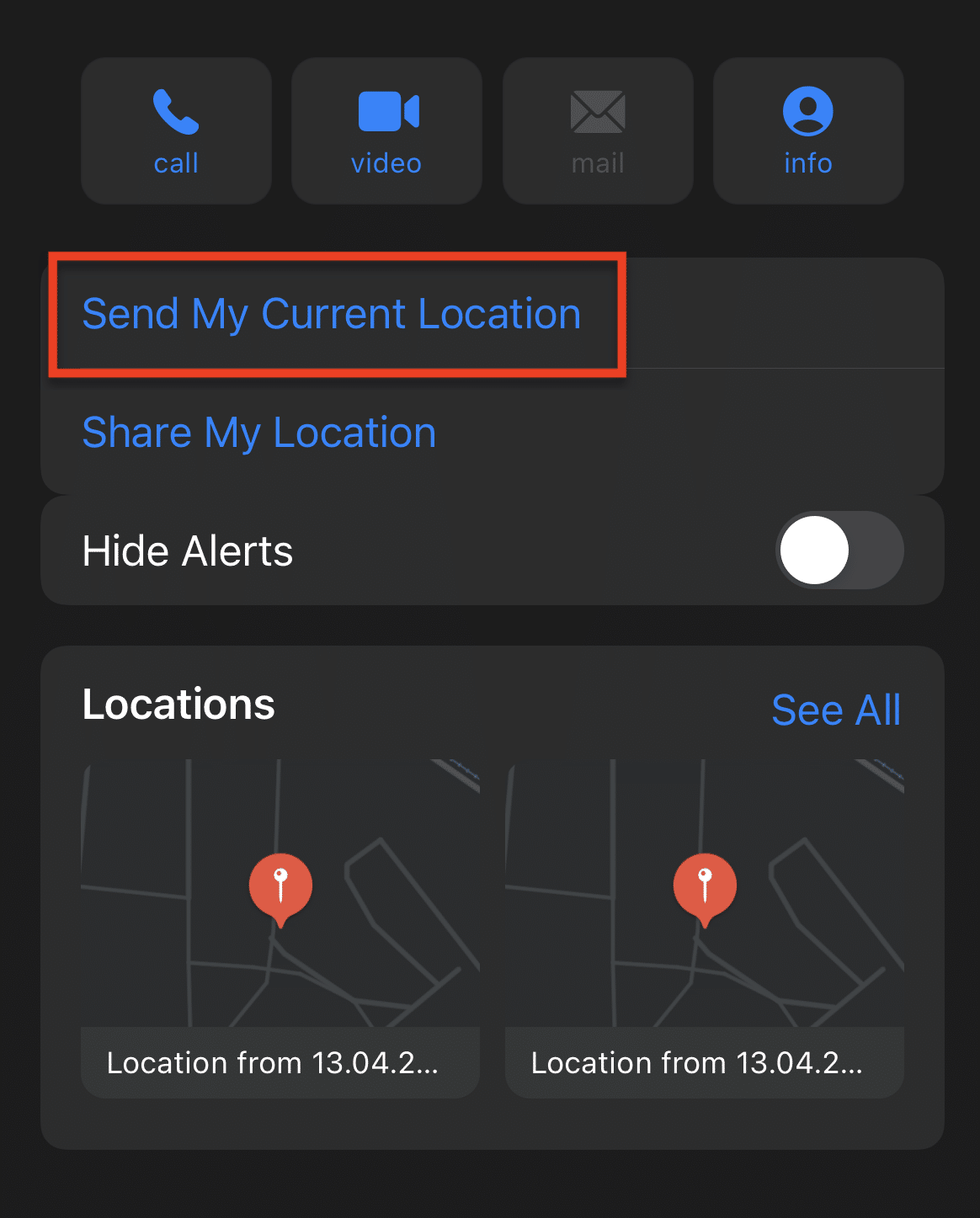 iPhone showing Send My Current Location option