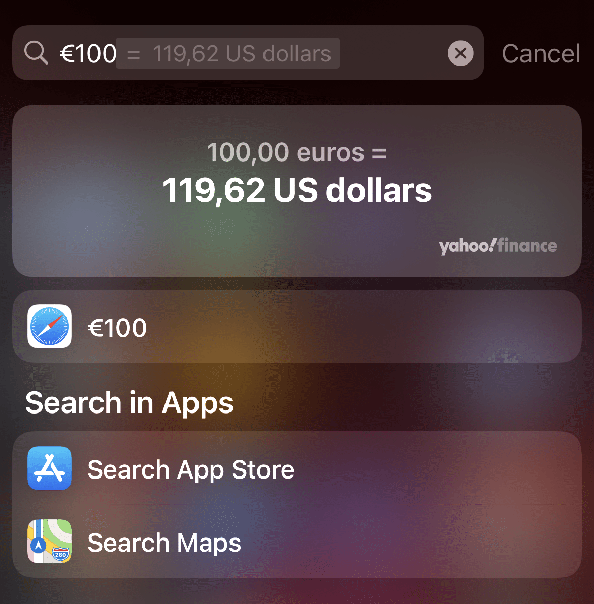 Spotlight search on iPhone - converting currency option