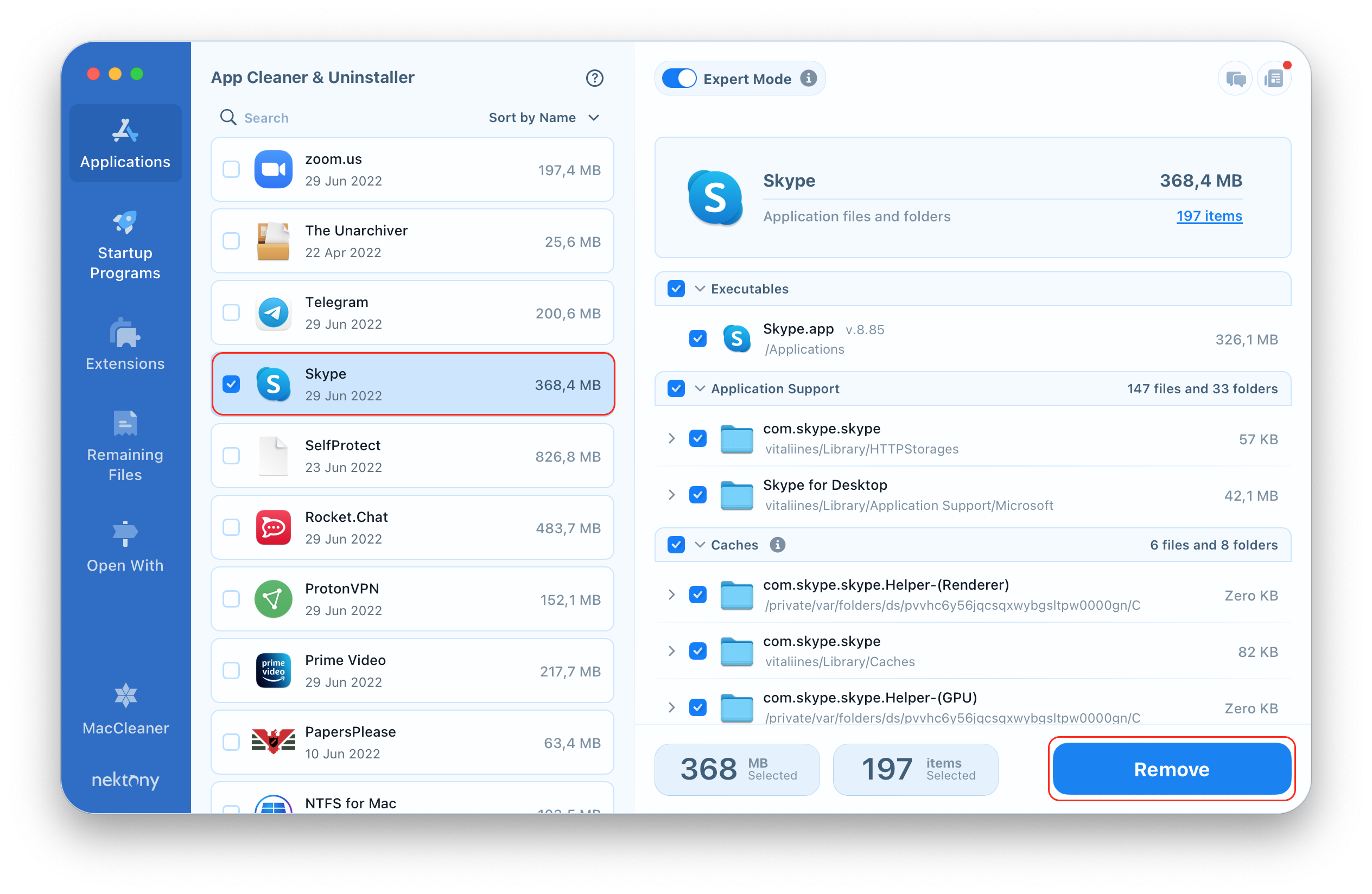 App Cleaner & Uninstaller showing Skype