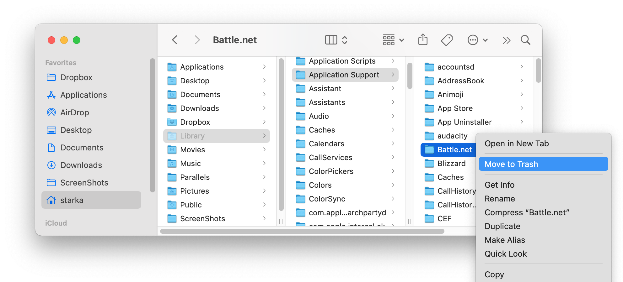Library folder showing Battle.net service files