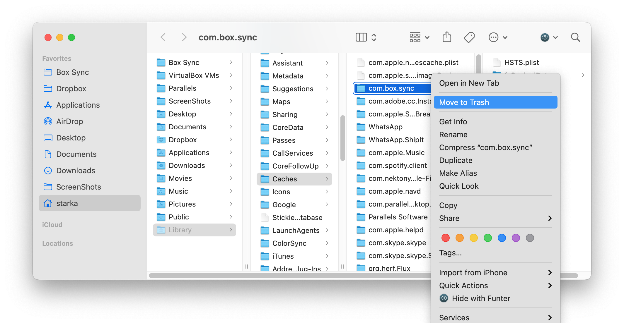 The Library folder showing Box Sync's cache files