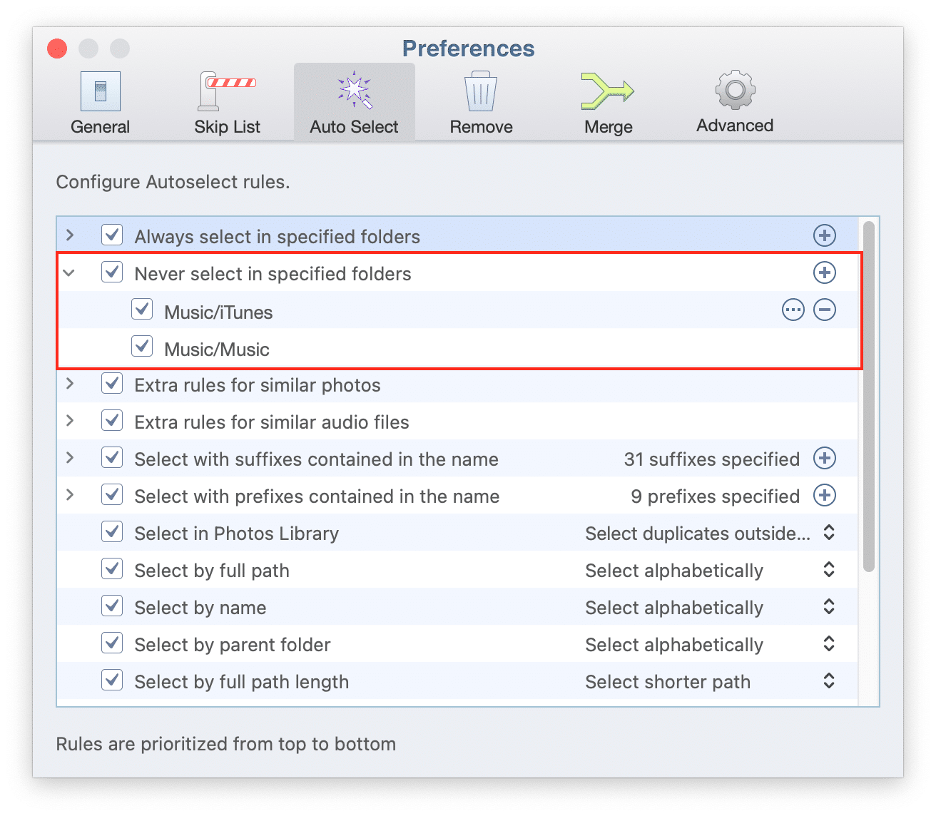 duplicate finder never select in folders