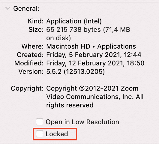 Get Info window showing Locked checkbox