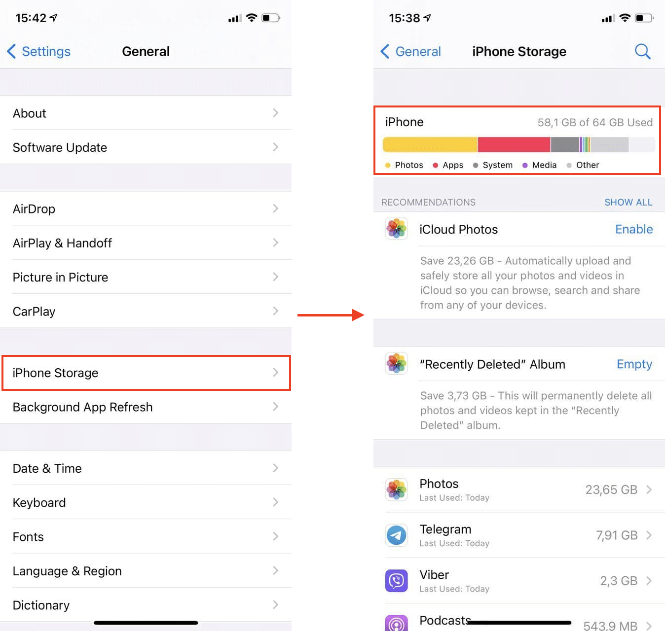 iPhone screens showing where to check storage space