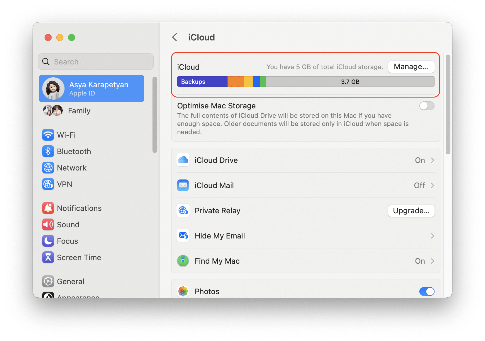 System settings window showing iCloud storage