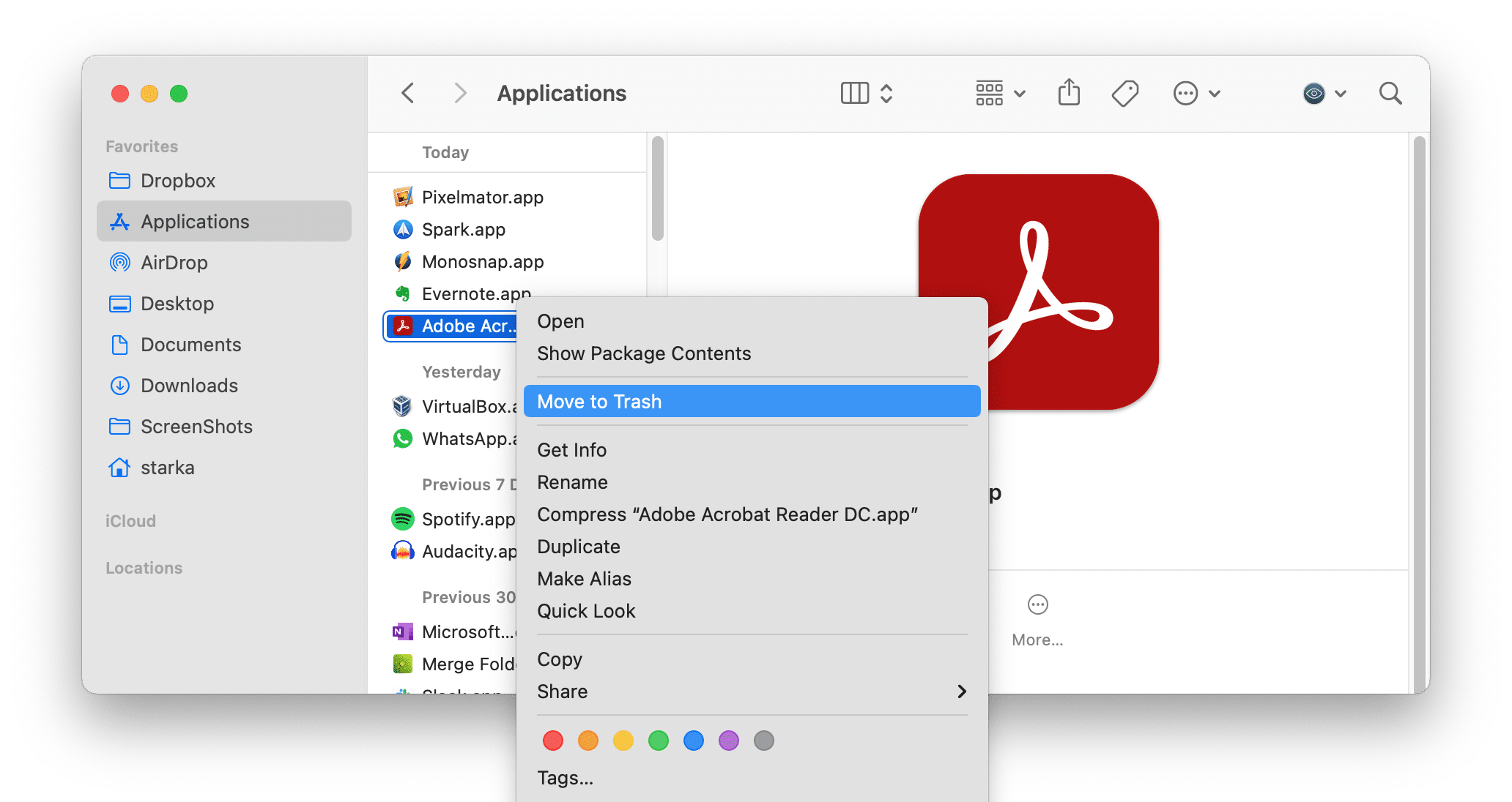 removing Adobe Acrobat reader from the Applications folder
