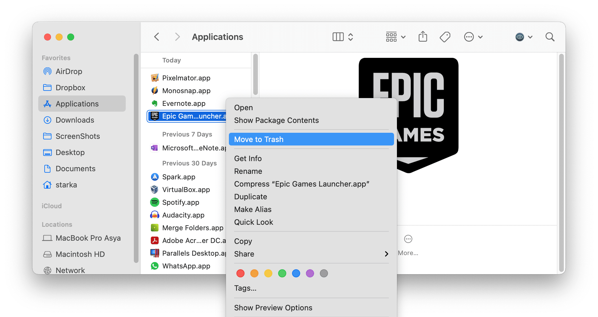 removing Epic Games Launcher from the Applications folder